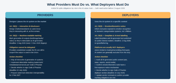 Figure 2: Providers act upstream (design/market placement); deployers act downstream (use in a specific context). 